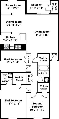 Three Bedroom One and One Half Bath Floorplan at Kenilworth at Perring Park Apartments, Parkville